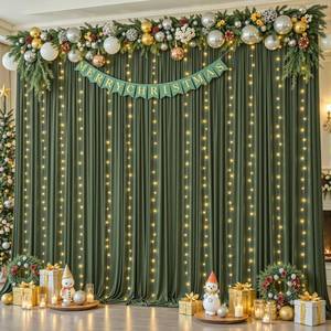 lot 1242 image: A 10x10ft Olive Green Backdrop Curtains with Lights String for Parties