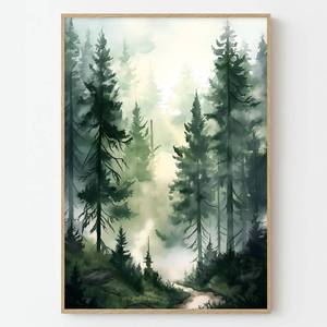 lot 2324 image: Foggy Forest Canvas Wall Art Pine Tree Painting Nature Landscape Poster Green Forest Landscape Picture Watercolor Nature Wall Art Foggy Misty Pine Artwork Watercolor Tree Print 16x24inch No Frame