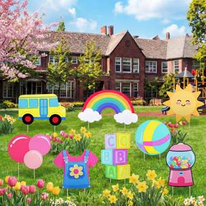 lot 2336 image: Jaloro 8 Pcs English Teacher Birthday Party Decorations Cartoon Girls Party Signs with Stakes Back to School Decorations English Teacher Themed Props for Kindergarten Classroom Baby Shower Supplies