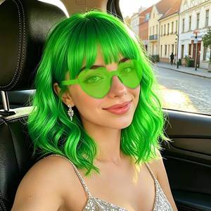 lot 2353 image: MEEZY Wavy Bob Wig with Bangs Heart Sunglasses Women Fun Party Cosplay Wigs