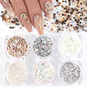 lot 2408 image: Holographic Nail Art Kits 6 Boxes 3D Glitter Metallic Shining Flakes Acrylic Powder Dust Sequins Decoration Holographic Manicure Tips (Vintage Color)
