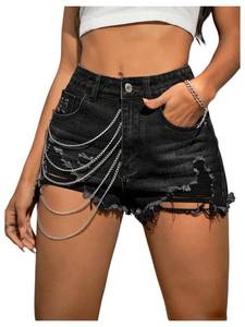 lot 2490 image: WDIRARA Womens Y2k Ripped Chain Raw Hem Grunge Punk Denim Shorts XL