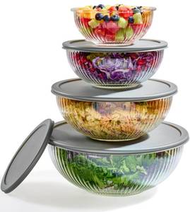 lot 7439 image: 8pc Ribbed Glass Mixing Bowls with Leakproof Airtight Lids - BPA-Free Meal Prep Stackable Space Saving Nesting, Kitchen Baking Food Storage & Serving Containers - Microwave, Freezer, Dishwasher Safe.