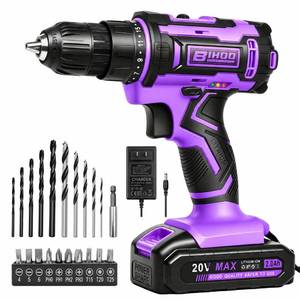 lot 7449 image: BIHOO 20V Cordless Drill with Battery and Charger, 38 chuck, Purple