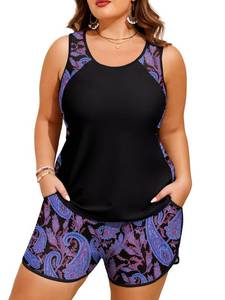 lot 8188 image: HUSKARY Plus Size Bathing Suit for Women 2 Piece High Waisted Tummy Control Tankini Swimsuit Women with Sporty Pockets Swim Shorts