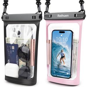 lot 8215 image: Rethuen Large Floating Waterproof Phone Pouch, 2Pack Cell Phone Dry Bag for iPhone 17 16 15 14 13 Pro Max Galaxy S24 S23 S22 All Phones, Float Water Proof Bag for Beach Water Park (Black  Pink)