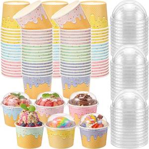 lot 9215 image: 60 Pack 6 oz Ice Cream Paper Cups with Lids Disposable Ice Cream Bowls
