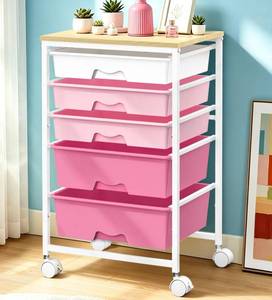 lot 9218 image: SUNALLY Rolling Carts With 5 Drawers, Storage Drawer Carts for Craft, Pink