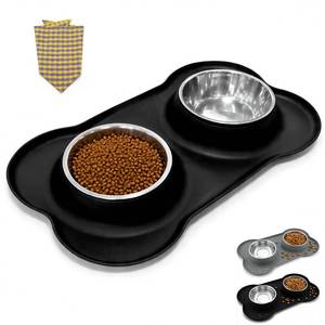 lot 14136 image: Double Stainless Steel Dog Bowl Set with Mat
