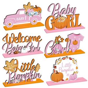 lot 18319 image: 6 Pcs Fall Baby Shower Decorations, Pink Little Pumpkin Wooden Centerpiece
