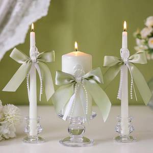 lot 19189 image: Conelist 3 Pcs Unity Candles for Wedding with Bow and Holder, Sage Green