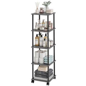 lot 19214 image: FONHAYE 5-Tier 50.4 Tall Oak Grey Bathroom Shelving Unit with Wheels (Minor Cosmetic Damage)