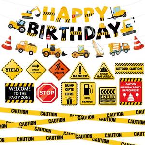 lot 20184 image: 16 Pcs Construction Birthday Party Decorations Construction Happy Birthday Banner Vehicle Truck Garlands Traffic Road Signs Yellow Caution Tape for Kids Boys Baby Shower Party Supplies Wall Decor