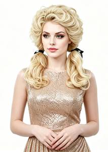 lot 2038 image: NJJYXH Long Wavy Blonde Wigs with 2 Ponytails for Women 18 Inches Synthetic Wig for 70s 80s Cosplay,Halloween Party or Daily Use