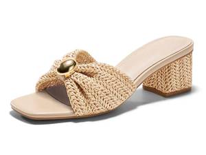 lot 9237 image: Coutgo Womens Low Chunky Block Heels Raffia Sandals Square Open Toe Slip On Slides Summer Beach Dress Shoes, Beige, Size 6.5
