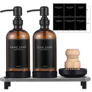lot 9252 image: NEECZS Kitchen Soap Dispenser Set with Instant Dry Tray,16 Oz Hand and Dish Soap Amber Glass Dispenser Set,Stainless Steel Pump,Waterproof Labels&Dish Brush,Luxury Soap Bottle for Kitchen,Bathroom