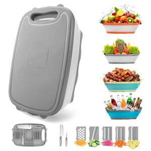 lot 9258 image: Gintan Camping Cutting Board, 9-in-1 Collapsible Chopping Board with Colander, Outdoor-Kitchen Vegetable Washing Basket for Campers, Camping Gifts Camping Accessories for RV Campers (Gray)