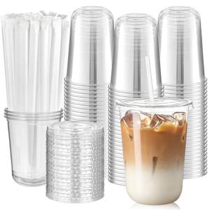 lot 9327 image: 16 oz Round Bottom Clear Plastic Cups with Lids and Straws, 100 Pack