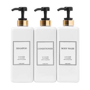 lot 9334 image: Modern Gold Design Shampoo and Conditioner Dispenser - Large 27oz Shower Soap Dispenser, Set of 3 Refillable Empty Plastic Pump Bottles for Bathroom and Body Wash (6 Waterproof Labels Included), Black