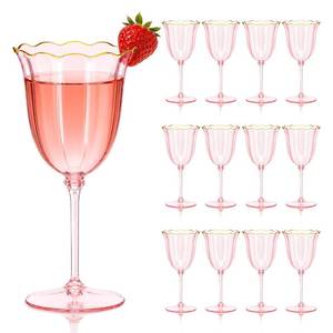 lot 9335 image: SKLENICE 12 Pcs Pink Plastic Wine Glasses with Gold Rim 10 oz Detachable Flower Water Goblet Glass Vintage Tulip Champagne Flute Disposable Stemmed Drinking Wine Cup for Parties Weddings Baby Shower