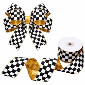 lot 10302 image: 10 Yard 2 W Chrirstmas Black and White Checker Ribbon, Gold Back with Wire