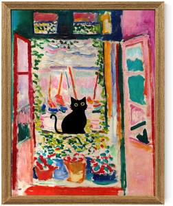 lot 10356 image: Fantasy Artists Henri Matisse Cat Wall Art, Framed Open Window Black Cat Canvas Poster Prints, Abstract Aesthetic Wall Decors for Living Room, Oil Paintings for Room Bathroom Decorations 8 X 10