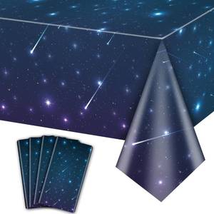 lot 10377 image: 4 Pack Galaxy Tablecloths, Starry Night Tablecover Supplies, 51x87 Plastic Galaxy Table Cover for Space Theme Party Decorations, Kids Birthday Outer Space Stars Theme Party Decor