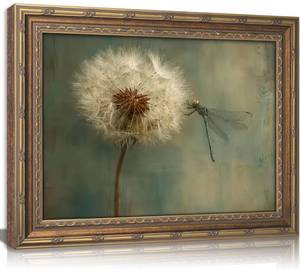 lot 12031 image: Dragonfly Dandelion Canvas Wall Art Gold Frame