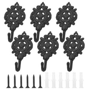 lot 12454 image: Moxweyeni Cast Iron Wall Hooks, 6-Piece Set, Antique Black