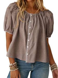lot 20154 image: Tankaneo Womens Puff Sleeve Gingham Blouse Coffee Medium