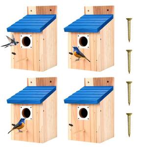 lot 1322 image: 4-Pack Blue Wooden Bird Houses for Outdoors with Predator Guard, Bluebird Houses for Outside �� Ideal for Bluebirds & Other Backyard Birds, Blue