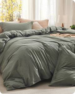 lot 1432 image: Bedsure PureWoven Cotton Comforter Set Queen Grayish Olive