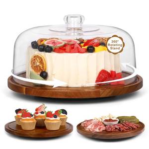lot 9356 image: Cake Stand with Clear Acrylic Dome Lid, 12���� Acacia Wood Cake Holder