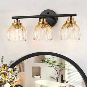 lot 9372 image: TALOYA Bathroom Light Fixtures, 3-Light Black and Gold Vanity Lights for Bathroom with Ribbed Amber Tulip Glass Shade, 19in Bathroom Vanity Lights Over Mirror for Bedroom, Living Room, Hallway