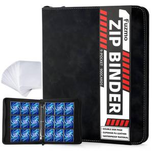 lot 9387 image: Fuzmo 9 Pocket Trading Card Binder, 900 Cards Zip Album, Black