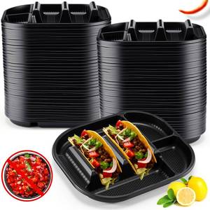 lot 9391 image: Baderke 100 Pack Disposable Taco Stands Holder Plates with 2 Dividers,Black