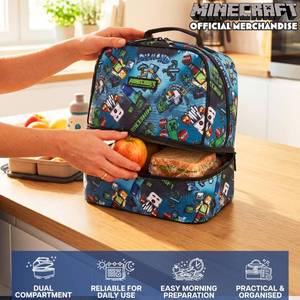 lot 10003 image: Get Trend Minecraft Kids Reusable Insulated Lunch Bag, Lightweight Dual Compartment Cooler Bag with Handle, Fits Kids Lunch Box for School, Picnic, Creeper Gamer Gifts for Boys (Blue)