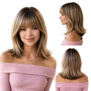 lot 10399 image: PALPFO Brown Mixed Blonde Straight Wigs,Layered Wig with Bangs,Shoulder Length Wigs for Women 14 Inch Synthetic Hair Wigs Resistant Fiber for Daily Party Use