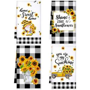 lot 10405 image: Kajaia 4 Pcs Sunflower Kitchen Towels Spring Summer Gifts Sunflower Gnome Kitchen Decor Sunshine Yellow Grid Fast Drying Hand Dish Towels Absorbent Washcloth for Cooking Bathroom Housewarming Gifts