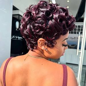 lot 10455 image: showreal Short Human Hair Wigs for Black Women Pixie Cut Wig Human Hair Machine Made Plumberry Chic Glueless Short Curly Wigs With Bangs(025-Plumberry)