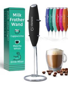 lot 10458 image: Milk Frother Wand & Electric Stirrer with Stand - Turbo Coffee & Milk Frother Handheld - Hand Held Coffee Mixer Wand & Cold Foam Maker for Frothy Cappuccinos, Lattes & Drink Mixes at Home (Black)