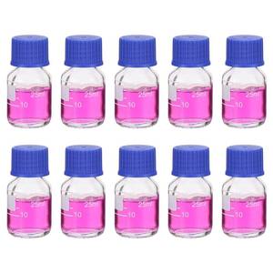 lot 10472 image: PATIKIL 10 Pack Reagent Media Storage Bottles, 25ml Borosilicate Glass Graduated Round Bottles with GL32 Blue Screw Cap for Lab Water Reagent Liquids, Clear