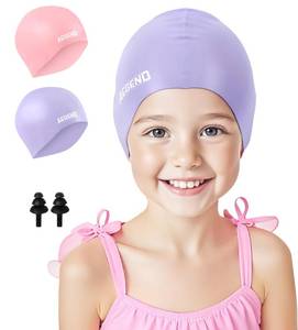 lot 10490 image: Aegend 2 Pack Kids Swim Cap for Girls Boys Age 3-8, Waterproof Swim Cap Kids Durable Silicone Kid Swimming Cap for Long Hair, Light Pink & Light Purple