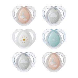 lot 10494 image: Tommee Tippee Night Time Pacifier, 0-6 Months, Symmetrical Silicone Baglet, BPA-Free Binkies, Glow in The Dark Technology, Pink Pastels, Pack of 6