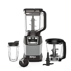lot 11801 image: Ninja AMZ493BRN Compact Kitchen System 1200W missing two bigger blenders, base has a crack near bottom  Retail $122.28