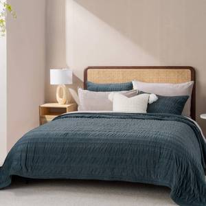 lot 17224 image: EverGrace Velvet Ruched Quilt Set, Queen, Stormy Blue