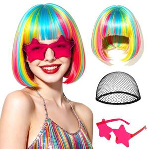 lot 20259 image: Lavwix Short Bob Wig Set with Star Glasses Rainbow