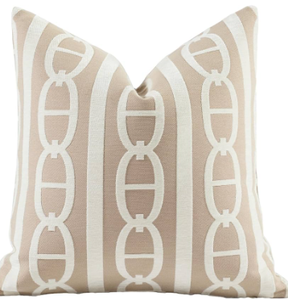 lot 2305 image: Decorative tan White outdoor pillow approximately 19x19 in - Stock image may not match actual product images