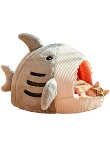 lot 9435 image: QWINEE Cat Mat Shark-Shaped Kennel Kitten Bed Hideout House Warm Soft Comfortable Semi-Closed Cat Dog Nest Grey Large