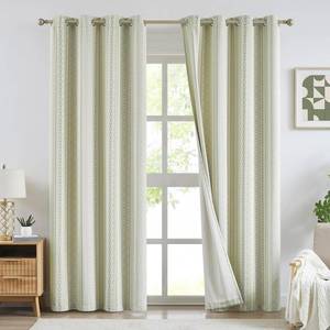 lot 9451 image: Melodieux Sage Green Boho Black Out Curtains 96 Inch Long for Bedroom, Living Room Darkening Geometric Bohemian Patterned Curtains, 80% Blackout Vintage Cotton Textured Grommet Window Drapes